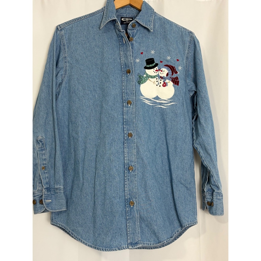 Vintage Denim Snowman Christmas Embroidered Button Down Shirt Blue Womens Medium
